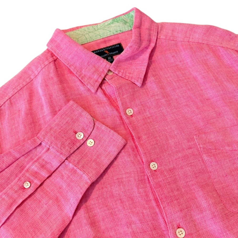 Margaritaville Island Reserve Lemon Key Linen Blend Button Up Shirt Mens M Pink
